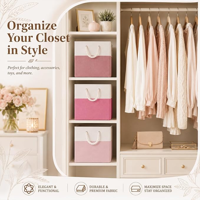 6 Pack 13x13 Inch Cube Storage Bins Fabric Square Cube Baskets, Light Pink | Light Pink Foldable Fabric Organizer with Handles, Home Closet Bin for Shelves, Durable Cube Baskets Bulk for Home Storage - Image 4