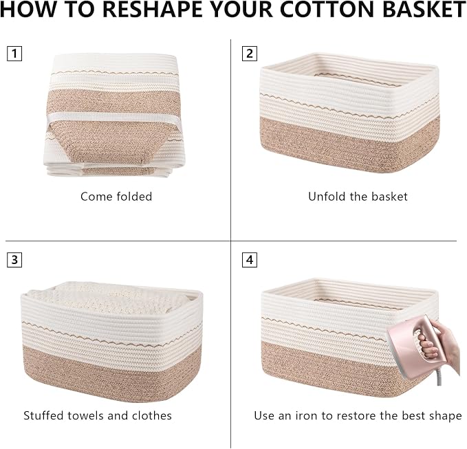 OIASKET 4 Pack Storage Baskets for Organizing, 15.75''x11.8''x7.87'', Decorative Cotton Rope Baskets for Shelves, Small Woven Basket for Toys, Books and Towels, Brown&White - Image 8