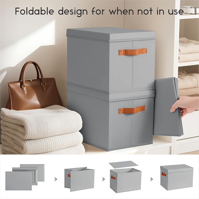 Storage Bins with Lids - Large Fabric Closet Bins with Lid, 6 Pack Clothes Organizers and Storage, Collapsible Stackable Cube Basket for Home, Office, Dorm, Grey - Image 3
