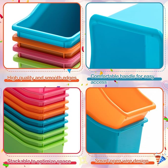 Geetery 12 Pcs Book Bin for Classroom with Labels Stackable Plastic Organizing Bins 11.5 x 5.4 x 7.5 in Book Holders Storage Bins Box Baskets for Classroom Library Home (Vibrant Color) - Image 3