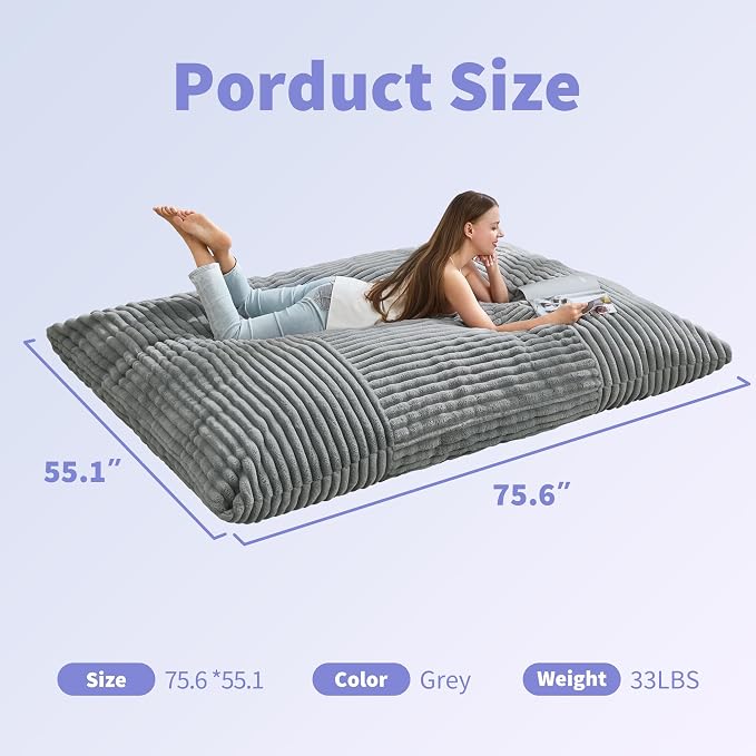 Hobestluk Adult Bean Bag Chair 3 in 1 Convertible Large Bean Bag Sofa | Striped Turquoise Grey,Machine Washable,Removable Cover,Easy Convert And Install, Floor Bed,For Livingroom Bedroom - Image 3