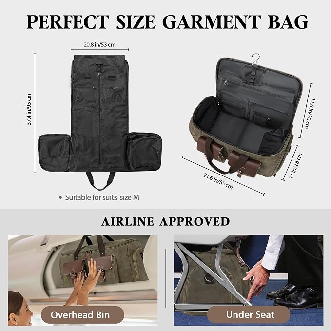 Wildroad Garment Bags for Travel - Canvas Duffle Bag with Shoe Compartment | Gifts for Men, Holiday Birthday Gift for Dad, Husband & Partner, Carry-on Size, 2 in 1 Hanging Suitcase Suit Business - Image 8