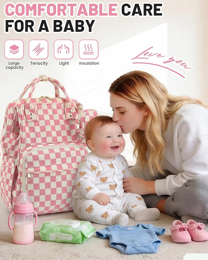 Corduroy Diaper Bag Backpack, Large Capacity Multifunction Baby Diaper Bags for Women, Insulated Bottle Pockets & Pacifier Case, Stylish Travel Nappy Changing Bags for Mom Dad (Checkered Pink) - Image 2