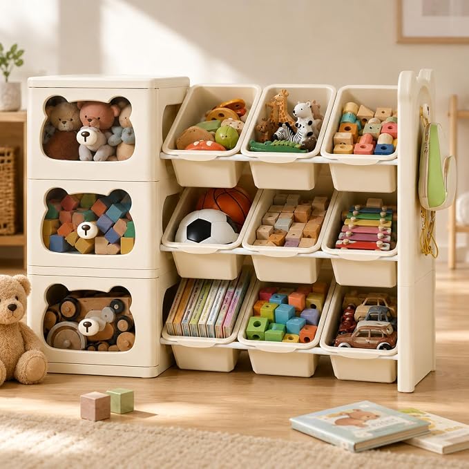 Toy Storage Organizer and Bookshelf, Large 3 Tier Book Shelf W/7 Toy Bins and 3 Drawers, Cute Bear Toy Organizers Box Bookcase for Nursery, Playroom, Bedroom, Kindergarten by FoldTrend