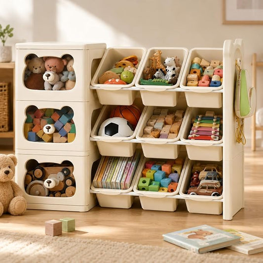 Toy Storage Organizer and Bookshelf, Large 3 Tier Book Shelf W/7 Toy Bins and 3 Drawers, Cute Bear Toy Organizers Box Bookcase for Nursery, Playroom, Bedroom, Kindergarten by FoldTrend