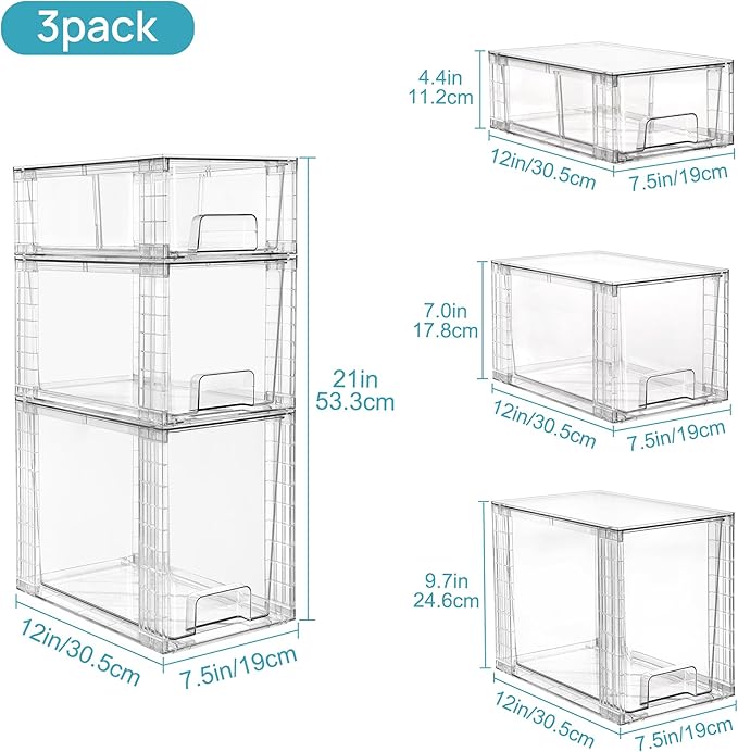 Vtopmart Clear Stackable Storage Drawers, 6 Pack Tall Organizer Set | Tall, Medium and Small Pull-Out PET Drawers with Stackable Design for Bathroom Under-Sink Storage and Vertical Organization - Image 3
