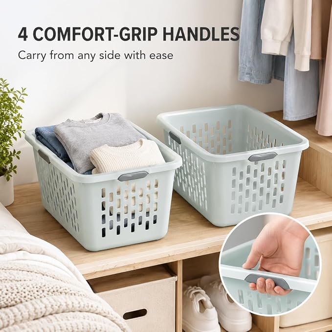 Laundry Basket 2 Bushel Plastic with 4 Handles 6 Pack Mint for Home | 6-Pack 2 Bushel Laundry Baskets with 4 Comfort-Grip Handles – Carries easily from any side. Rectangular ventilation holes. - Image 6