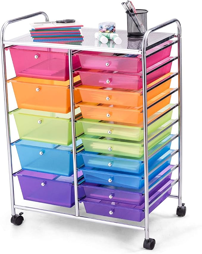 GOFLAME 15-Drawer Rolling Storage Cart, Craft Storage Cart with Removable Drawers & Lockable Wheels, Art Cart Supply Storage Organizer for Home Office Classroom, Rainbow by GOFLAME