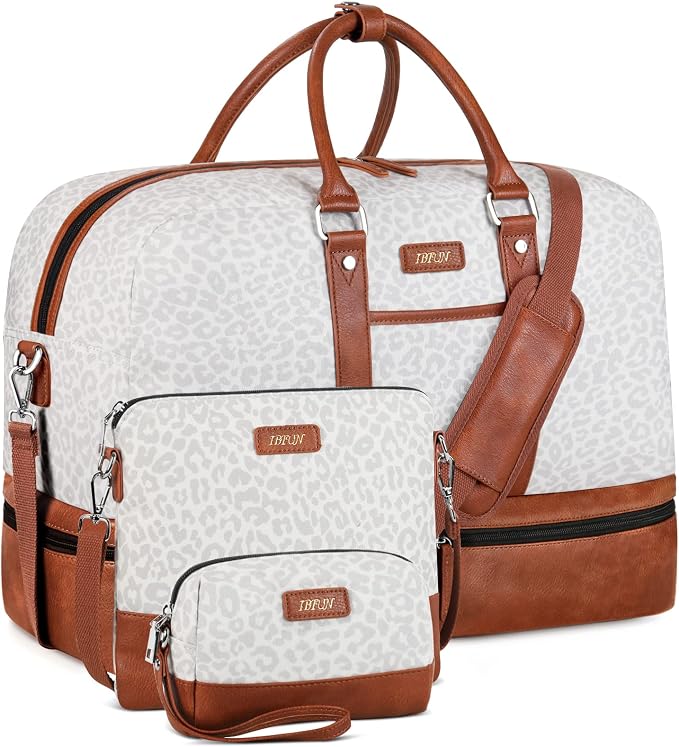 Weekender Bag for Women, Large Overnight Bag Canvas Travel Duffel Bag Carry On Tote with Shoe Compartment 21" 3Pcs Set by IBFUN