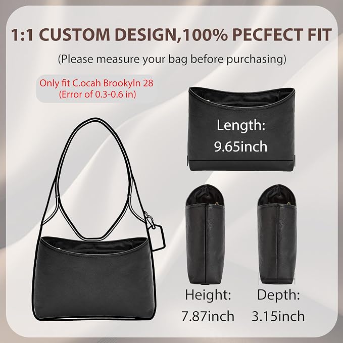 Brooklyn 28 Bag Insert, Purse Organizer Insert for Coach, Black | Waterproof Dupontpaper For Coach Brooklyn Shoulder Bag 28, Lightweight, 5 Compartments Zipper Pocket, Elastic Holders - Image 2