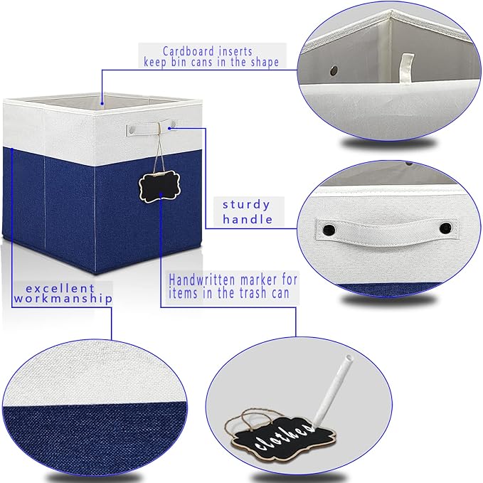 11 x 11 storage cubes,Set of 4 Collapsible Fabric Storage Cubes with Labels,Linen Cube Storage Organizer Bins Kallax Storage Cubes for Organizing Home,Shelves,Nursery Toys,Clothes(White Blue). - Image 2