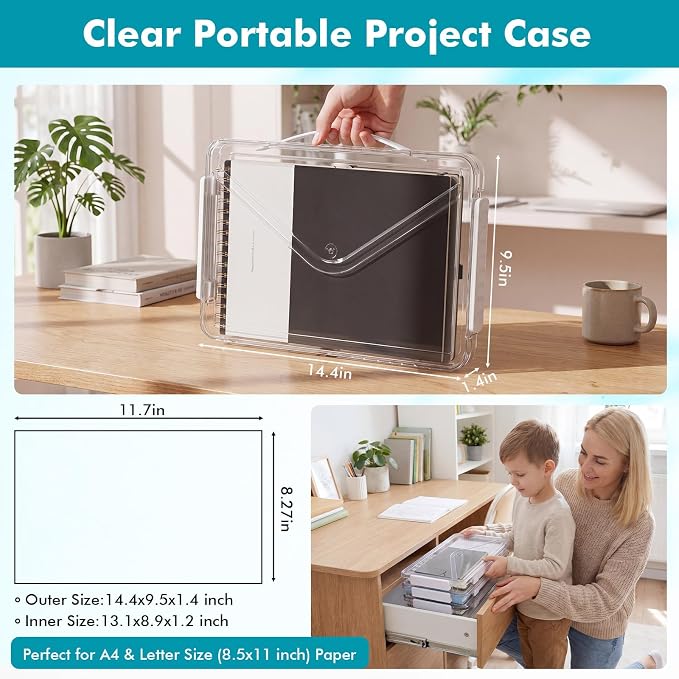 3 Pack Plastic Storage Bin with Lid, Portable Project Case with Handle | 14" x 9", Heavy Duty Clear Storage Box, Stackable File Document Protector Container, Sturdy Project Case for A4 Letter Paper - Image 3
