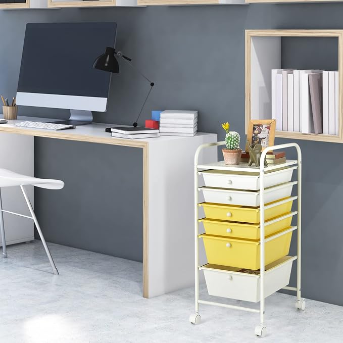 Giantex 6 Storage Drawer Cart Rolling Organizer Cart for Tools Scrapbook Paper Home Office School Multipurpose Mobile Utility Cart (Beige & Yellow) - Image 4