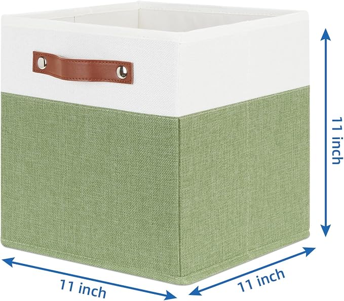 Temary Fabric Storage Bin 11x11 Cube Storage Bins for Home, 4 Pack Fabric Organizer Bins Cube Organizer Bins with Leather Handles Decorative Storage Bins for Shelf (White&Green) - Image 2