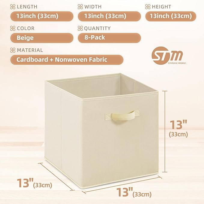 STORAGE MANIAC Storage Cubes, 13 Inch Collapsible Storage Bins with Handles, 8 Pack Fabric Foldable Bins for Organization, Durable Storage Bins for Closet, Shelves, Offices, 8-Pack Beige - Image 4