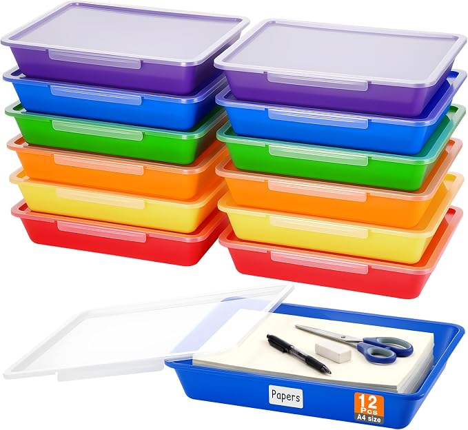 12 Pcs Classroom Paper Storage Bins with Clear Latching Lids Labels, Letter Size Stackable Flat Trays Container Paper Organizer for Teacher Back to School Office Arts Crafts (Rainbow,13x10in) by Tinlade