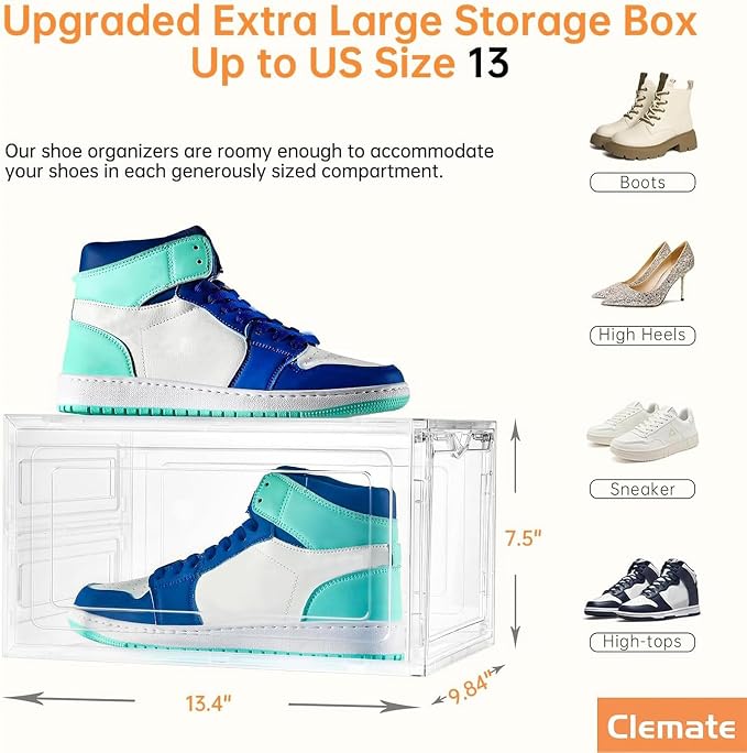 Clemate Upgraded X-Large Shoe Organizer,Shoe Storage Organizer,12 Pack,Shoe Box Clear Plastic Stackable,Drop Front Shoe Box with Clear Door, Shoe Containers For Sneaker Display,Fit up to US Size12 - Image 4