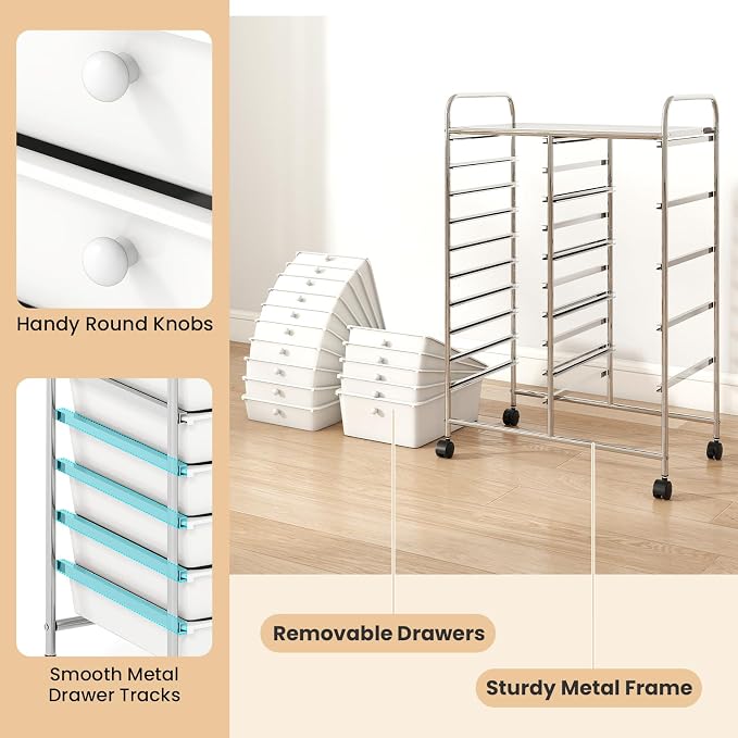 DREAMADE 15-Drawer Rolling Storage Cart, Mobile Craft Cart, White | Utility Organizer with Lockable Wheels, Removable Plastic Drawers and Metal Frame for Home Office, Classroom and Studio - Image 6