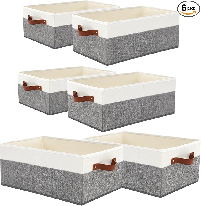 6 Pack Closet Storage Bins, Storage Baskets for Shelves | Linen Closet Organizers and Storage with Leather Handles for Clothes,Towels, Sheets, Jeans, Toys, Books (Grey and White) by Unknown