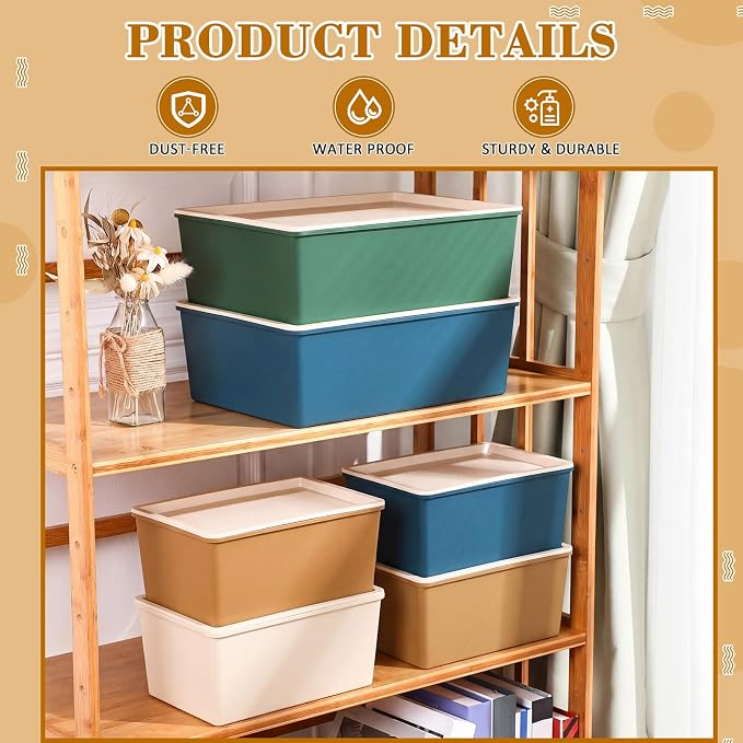 6 Pcs Large and Small Plastic Storage Bins with Lids 14.4 x 10.4 x 5.1 Inch Stackable Storage Containers Decorative Cubby Organizer for Clothes Shelves Garage Closet Office (Neutral color) - Image 4