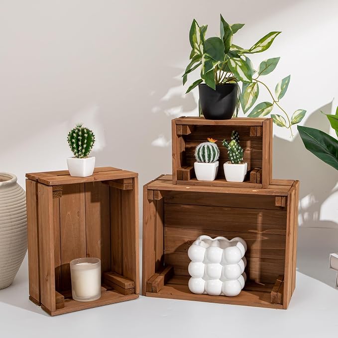Set of 3 Rustic Wooden Storage Crates - Vintage Wood Storage Boxes with Handle for Home Organization Wooden Container Boxes Wood Baskets for Display Kitchen Pantry Cabinet Shelf Counter Home Decor - Image 2