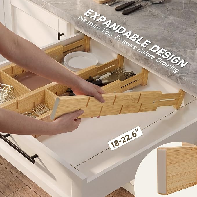 Bamboo Drawer Dividers, Expandable Kitchen Drawer Organizer | Include 6 Dividers, 6 Small Inserts and 6 Medium Inserts for Home, Office, Dressers - Image 3