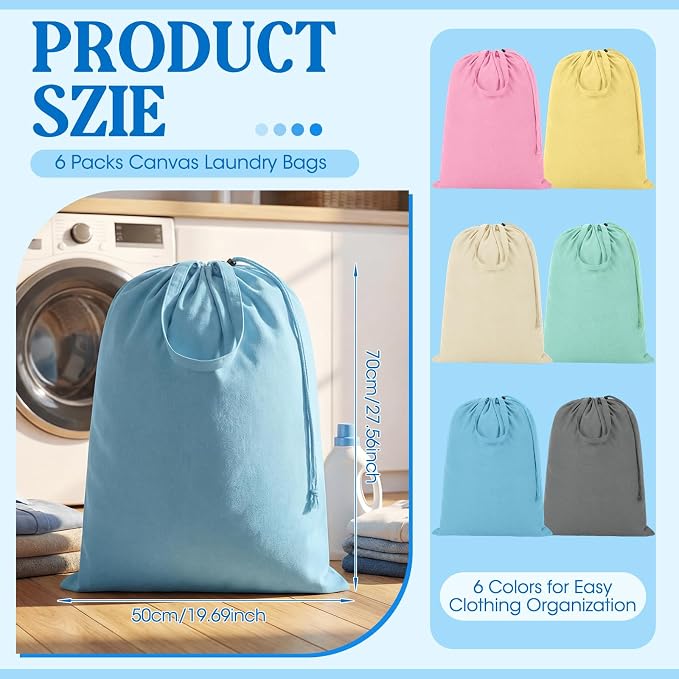 Zhehao 6 Packs Large Canvas Laundry Bags 20" x 28" Cotton Thick Cloth Laundry Bag with Handles & Drawstring Heavy Duty for Basket Hamper college Dorm Apartment Dwellers and Travel(Warm Color) - Image 2