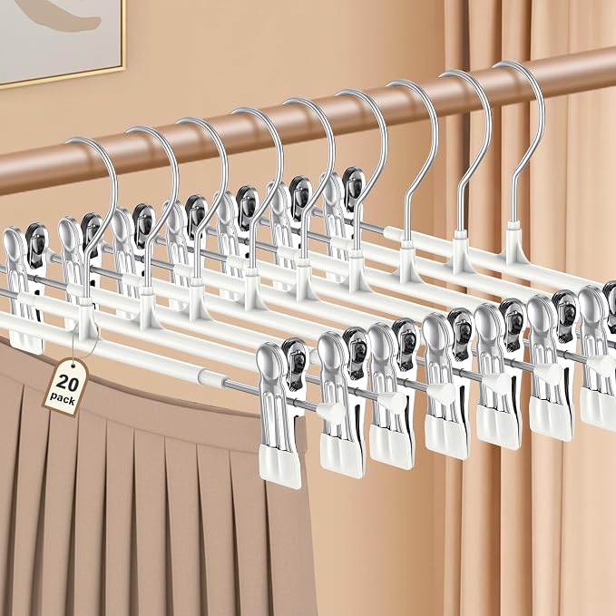 POZEAN Pants Hangers with Clips for Women, Adjustable Heavy Duty Skirt Hangers, Space Saving Non-Slip Shorts Jeans Trousers Clothes Hangers (White, 20Pack) by POZEAN