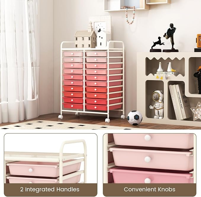 RELAX4LIFE 20 Drawer Rolling Storage Cart, Mobile Rolling Cart w/Drawers for School Classroom Teacher Office Home Salon, Paper File Art Supply Craft Organizer, Utility Cart on Wheels (Gradient Pink) - Image 6