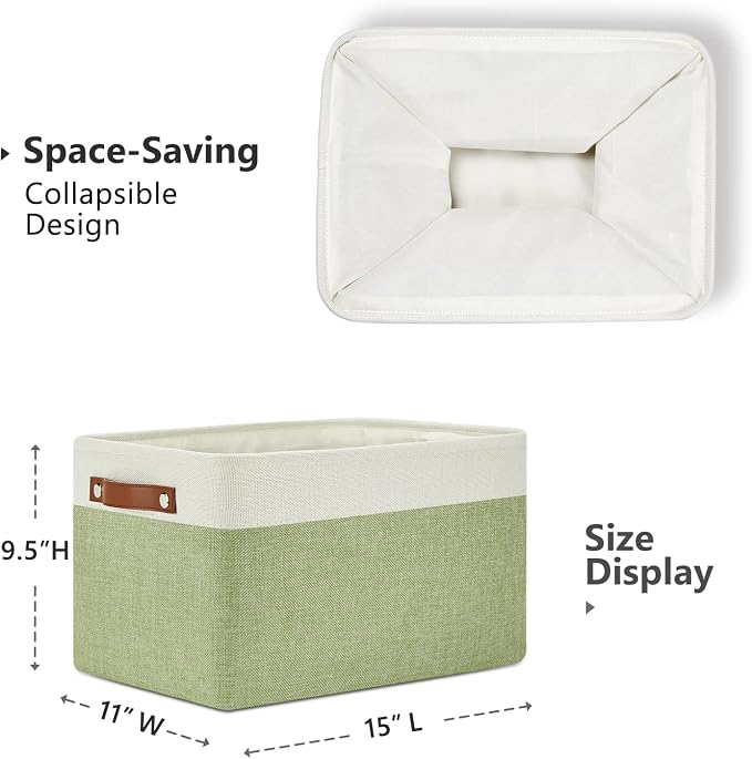 DULLEMELO Fabric Storage Bins for Laundry, Home, Foldable Storage Baskets for Shelves, Toys, Collapsible Storage Bins for Office,Bedroom(3-Pack Medium-15 inch X 11 inch X 9.5 inch , White&Green) - Image 2