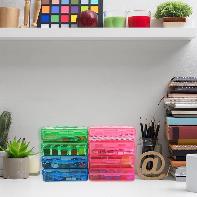 Fainne 24 Pack Clear Plastic Pencil Box,Red, Blue, Green | Stackable Organizer for School Supplies, Large Case for Crayons Markers, Snap-lid Keeps Stationery Secure, Bulk Set - Image 5