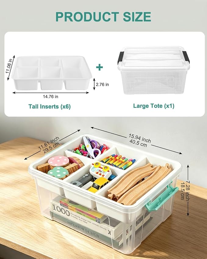EOENVIVS 17 QT Clear craft storage organizer box with Removable Tray, Plastic storage bins with lids for Kids Art Supplies, Toys, Beads, Tools, Sewing & Classroom Clear+Green Bulcket - Image 2