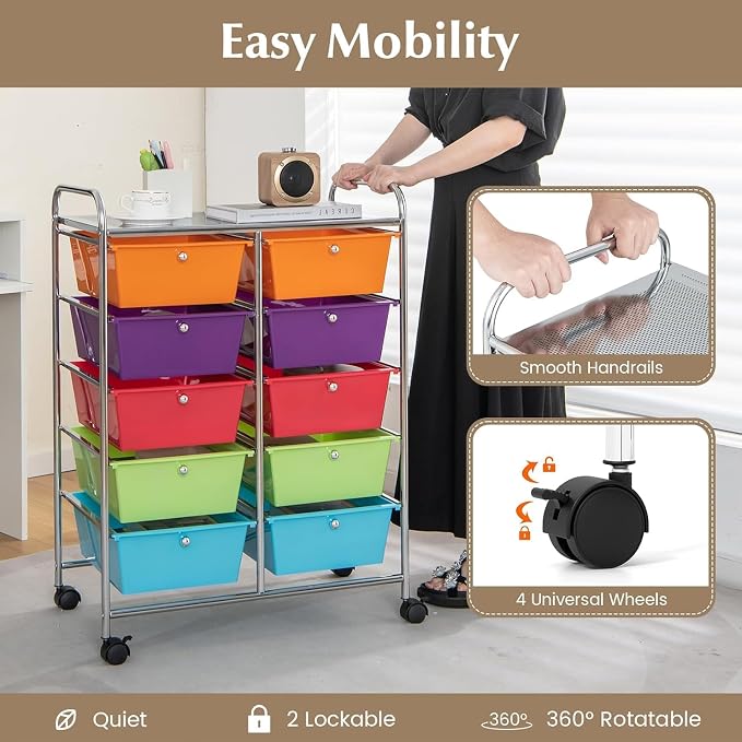 10 Drawer Rolling Cart, Storage Cart Organizer on Wheels, Drawer Cart with Metal Frame & Large Storage Capacity, Rolling Cart with Drawers for Living Room Classroom, Office - Image 4