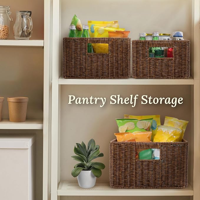 WeeNest Baskets with Handles, Wicker Storage, Shelf Boxes for Organizing, Decorative Resin, Set of 3, Toffee - Image 4