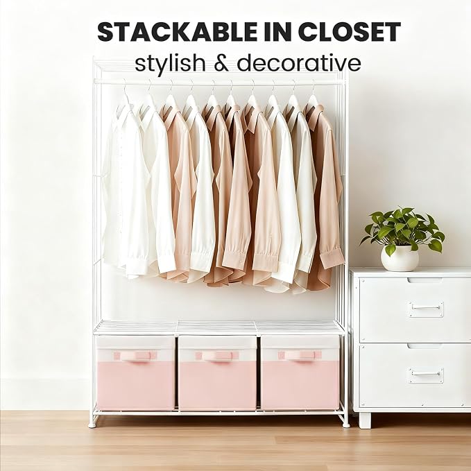 Large Closet Organizer Bins with Lids 8 Pack - Pink Storage Baskets for Shelves Nursery Bedroom Dorm RV - Stackable Decorative Closet Organization Box with Handles for Clothes Purse Blanket Towel - Image 2
