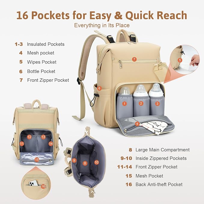 Lekesky Large Diaper Backpack with 16 Pockets, 1.52Lb Lightweight Durable Baby Bag, with Foldable Changing Pad & Pacifier Case, Anti-theft Pocket, Wipes Pocket, Easy to Clean, Khaki - Image 3