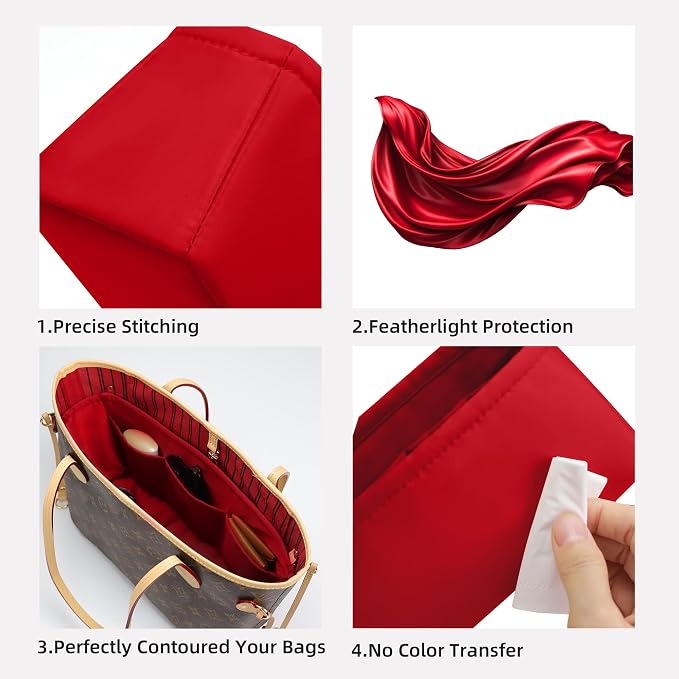 DGAZ Silk Purse Organizer Insert for Neverfullbag(Rouge moyen,BB) | Soft and Lightweight,Perfect Fit,Multi-pocket Storage,Bag Protector,Luxury Bag Care,Handmade,for Smooth Bag Organizer - Image 3