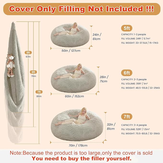 Bean Bag Covers Only, Fluffy Stuffed Beanbag Chair Covers No Filler, Washable Bean Bags Cover for Adults, Stuffed Animal Bean Bag Anti-Slip, 6FT, Light Grey - Image 2