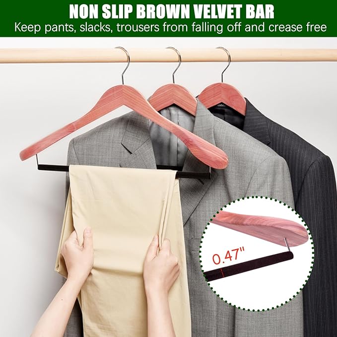 Amber Home 5 Pack Cedar Wood Suit Coat Hangers with Extra Wide Shoulder | Wooden Clothes Hangers with Non-Slip Velvet Pant Bar, Natural Cedar Hangers for Coats & Jackets - Image 4