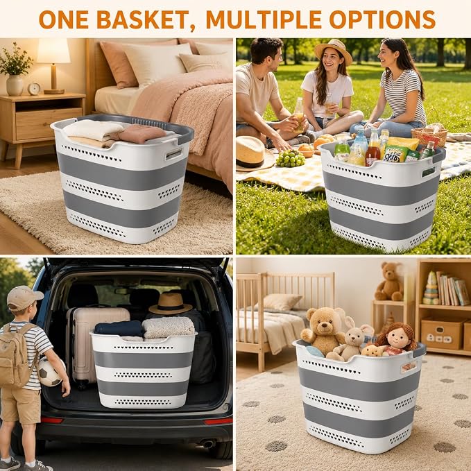 2 Pack Collapsible Laundry Basket, 42L Foldable Laundry Hamper with Comfort Handles, Upgraded Heavy-Duty Plastic Basket for Laundry, Space Saving Clothes Container for Dorm, Apartment & RV (Grey) - Image 6
