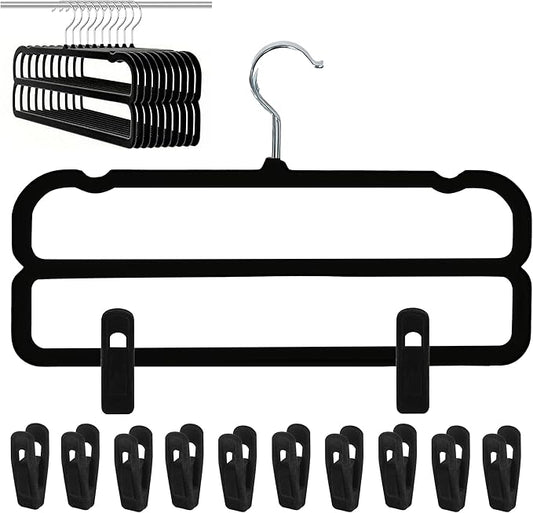 WJWSKI Velvet Pants Hangers with Double Non Slip Bar - with Adjustable Clips- Thin Space Saving Clothes Hanger - 360° Swivel Felt Trouser Hanger Perchas Terciopelo 10 Pack (Black) by WJWSKI