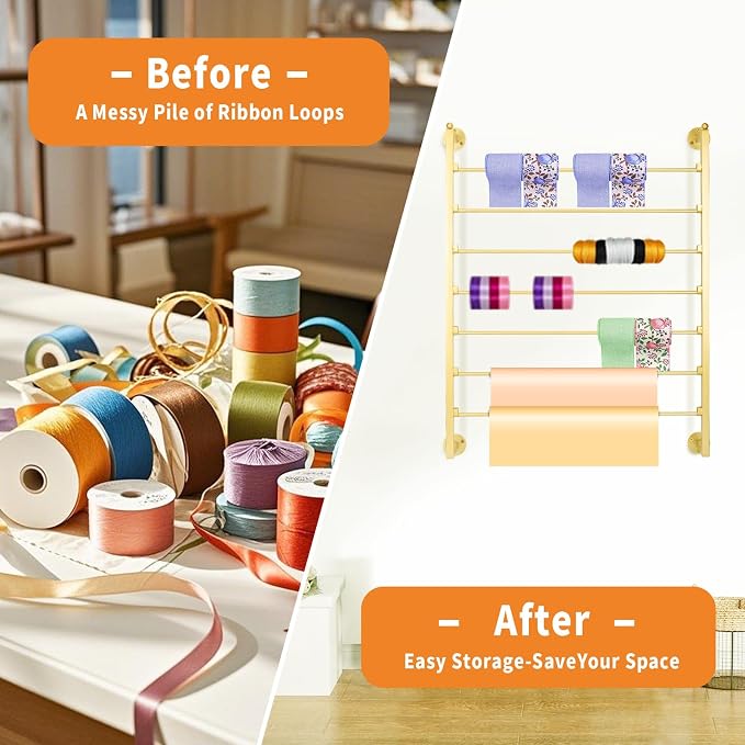 7-Tier Wall Mount Ribbon Holder Organizer Rack | Large Capacity Metal Ribbon Storage for Craft Room, Wrapping Paper, Scarf, Belt & Flower Shop Display - Image 4