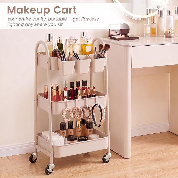 danpinera 3-Tier Rolling Cart, Utility Cart Mobile Metal Rolling Storage Cart with Lockable Wheels & Hanging Cups & Hooks for Kitchen, Bathroom, Office, Workshop, Beige - Image 6