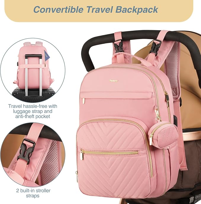 Diaper Bag Backpack, Quilted Baby Bag with Changing Pad & Stroller Straps & Pacifier Case, Large Travel Diaper Bags for Mom Dad, Pink - Image 6