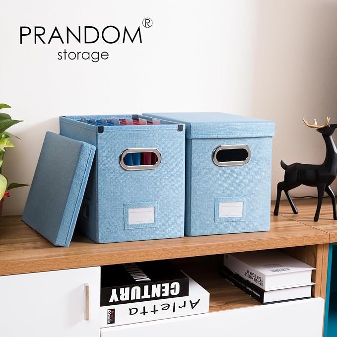 File Organizer Box - Set of 1 Collapsible Decorative Linen Filing Storage Hanging File Folders with Lids Office Cabinet Letter Size Blue (14x9.3x10.8 inch) - Image 2