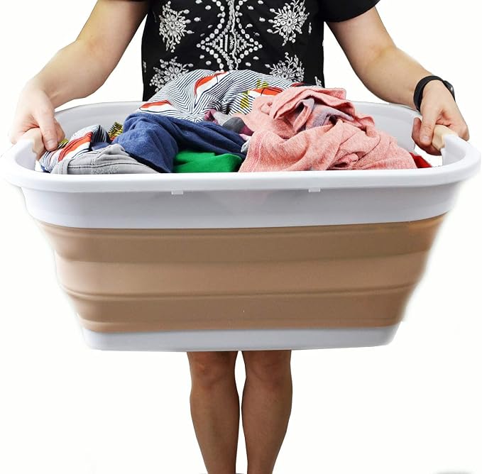 SAMMART 41L (10.8 gallon) Collapsible Plastic Laundry Basket-Foldable Pop Up Storage Container-Portable Washing Tub - Space Saving Hamper/Basket, Water capacity: 32L (8.4 gallon) (2, White/Beige) - Image 8