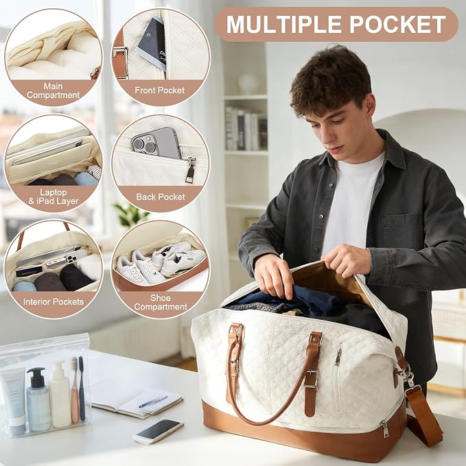 Travel Duffel Weekender Bag Women Tote Carry On Bags With Shoe Compartment | Travel Overnight Bags with Trolley Sleeve for Airplanes Sport Tote Gym for Men Waterproof Lightweight Daypack Beige - Image 5