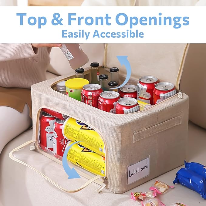 CYhom 3Pack Foldable Storage Bins - Frame Storage Box Linen Fabric Stackable Clothes Container Organizer with Clear Window & Carry Handles Large Capacity (Small-22L, Beige) - Image 2