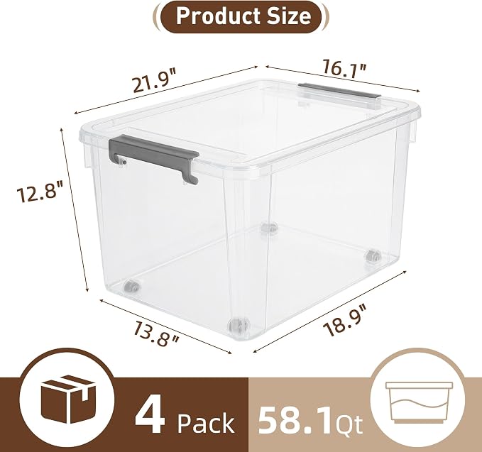 Citylife 58.1 QT Plastic Storage Bins with Latching Lids Stackable Storage Containers for Organizing Large Clear Storage Box for Garage, Closet, Kitchen, 4 Packs - Image 2