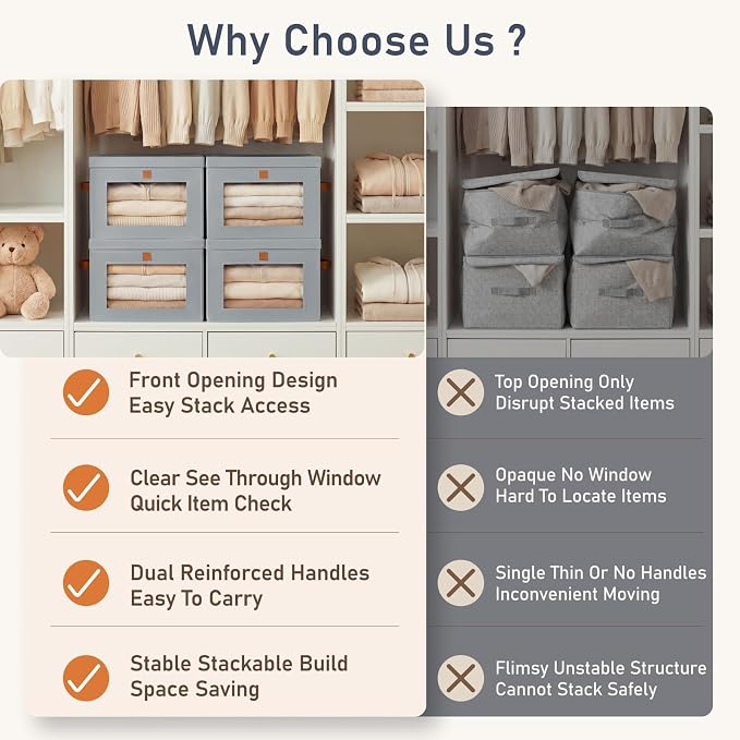 DIMJ Storage Bins with Lids - 6 Pack Front Opening Stackable Fabric Storage Boxes with Clear Window & Handles, Collapsible Closet Organizers for Clothes, Sweaters, Shelf Storage, Bedroom, Gray - Image 3
